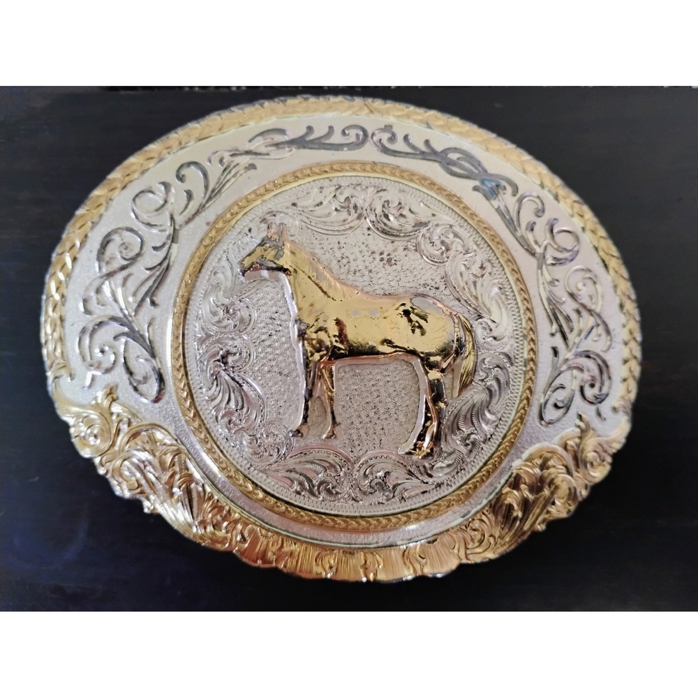Montana Silversmiths Horse Belt Buckle Two Tone Silver Gold Engraved Oval